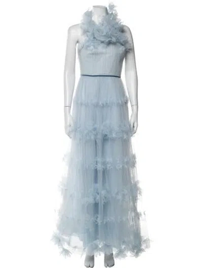 Pre-owned Marchesa Notte Floral Print Long Dress In Blue