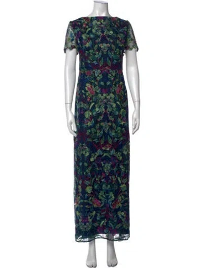 Pre-owned Marchesa Notte Floral Print Long Dress In Blue