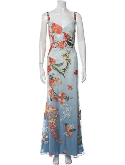 Pre-owned Marchesa Notte Floral Print Long Dress In Blue