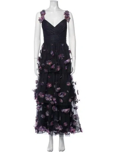 Pre-owned Marchesa Notte Floral Print Long Dress In Blue