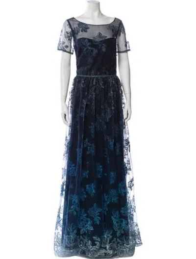 Pre-owned Marchesa Notte Floral Print Long Dress In Blue