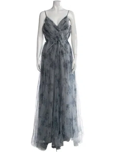 Pre-owned Marchesa Notte Floral Print Long Dress In Blue