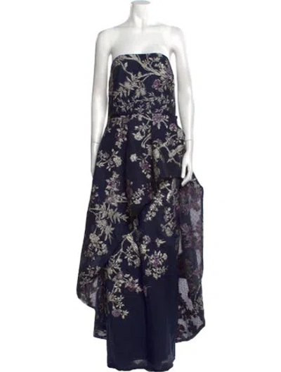 Pre-owned Marchesa Notte Floral Print Long Dress In Blue