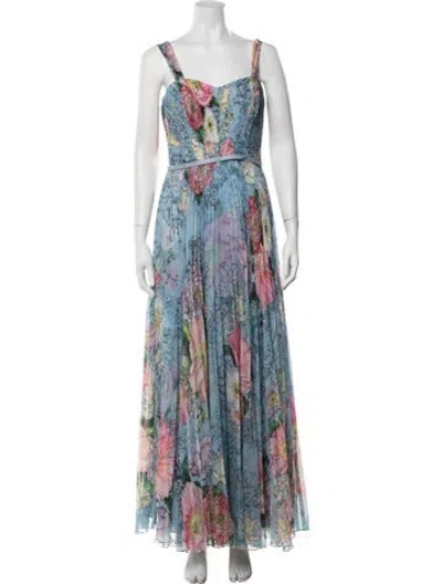 Pre-owned Marchesa Notte Floral Print Long Dress In Blue