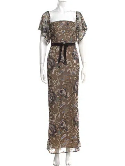 Pre-owned Marchesa Notte Floral Print Long Dress In Brown