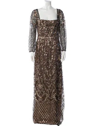 Pre-owned Marchesa Notte Floral Print Long Dress In Brown