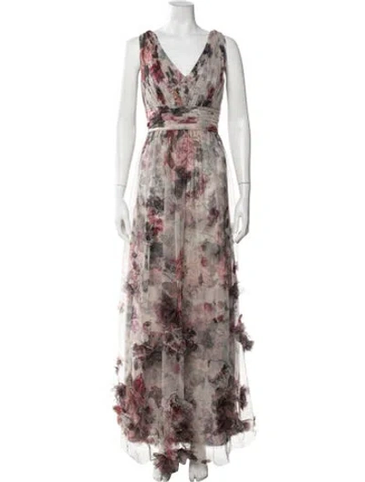 Pre-owned Marchesa Notte Floral Print Long Dress In Brown