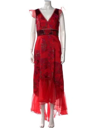 Pre-owned Marchesa Notte Floral Print Long Dress In Burgundy