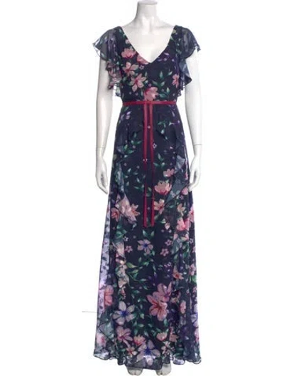 Pre-owned Marchesa Notte Floral Print Long Dress In Burgundy