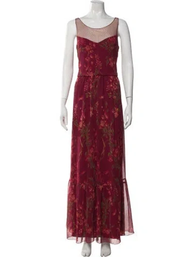 Pre-owned Marchesa Notte Floral Print Long Dress In Burgundy