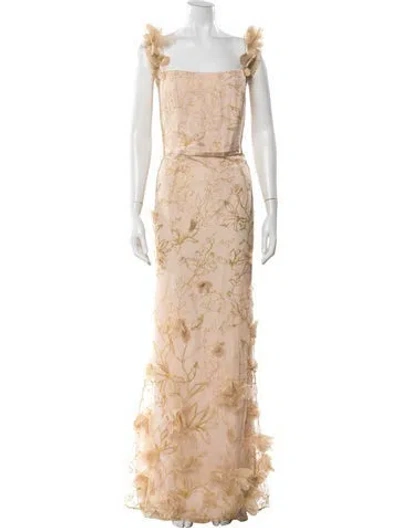 Pre-owned Marchesa Notte Floral Print Long Dress In Gold/neutrals