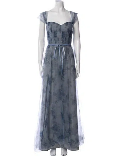 Pre-owned Marchesa Notte Floral Print Long Dress In Gray
