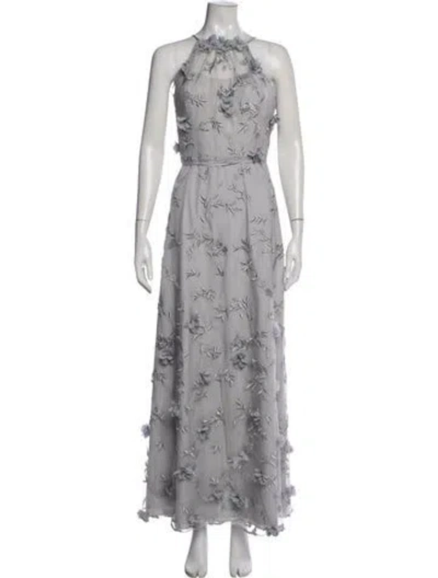 Pre-owned Marchesa Notte Floral Print Long Dress In Gray