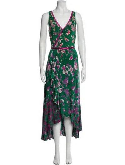 Pre-owned Marchesa Notte Floral Print Long Dress In Green