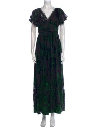 Pre-owned Marchesa Notte Floral Print Long Dress In Green