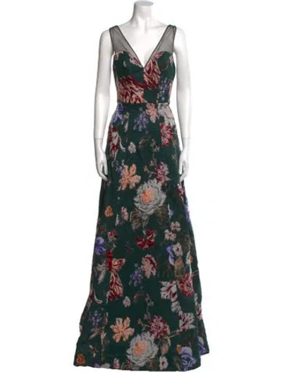 Pre-owned Marchesa Notte Floral Print Long Dress In Green