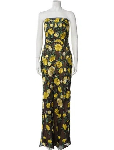 Pre-owned Marchesa Notte Floral Print Long Dress In Green