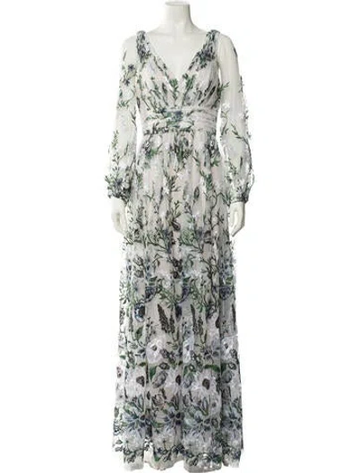 Pre-owned Marchesa Notte Floral Print Long Dress In Green