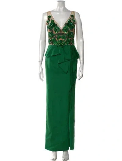 Pre-owned Marchesa Notte Floral Print Long Dress In Green