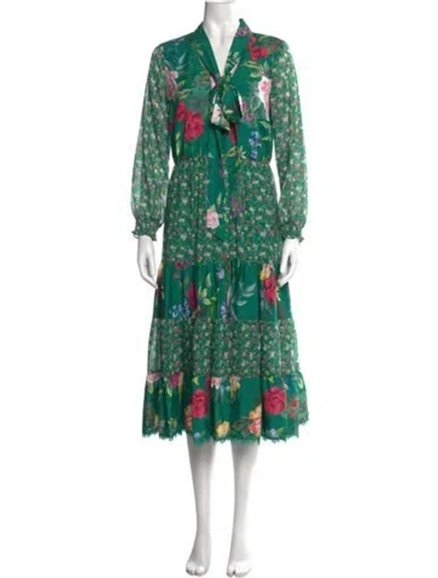 Pre-owned Marchesa Notte Floral Print Long Dress In Green