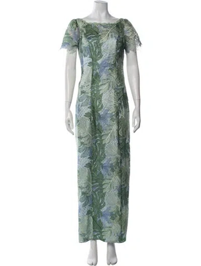 Pre-owned Marchesa Notte Floral Print Long Dress In Green