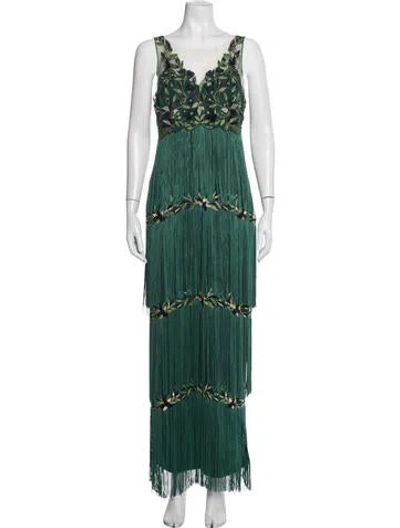 Pre-owned Marchesa Notte Floral Print Long Dress In Green