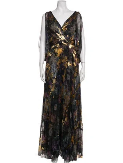 Pre-owned Marchesa Notte Floral Print Long Dress In Green