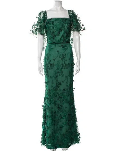Pre-owned Marchesa Notte Floral Print Long Dress In Green