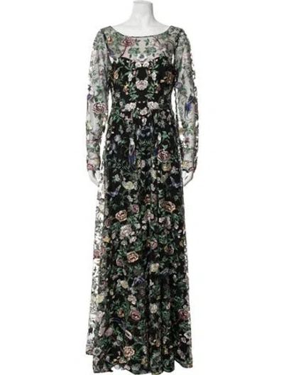 Pre-owned Marchesa Notte Floral Print Long Dress In Green