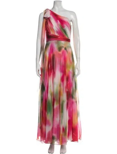 Pre-owned Marchesa Notte Floral Print Long Dress In Green/pink