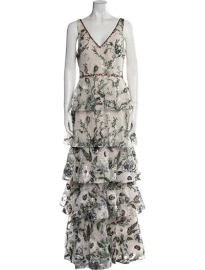 Pre-owned Marchesa Notte Floral Print Long Dress In Multi