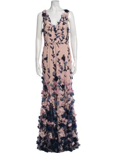 Pre-owned Marchesa Notte Floral Print Long Dress In Neutrals