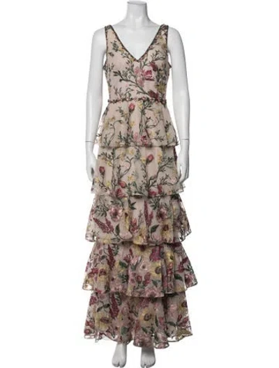 Pre-owned Marchesa Notte Floral Print Long Dress In Neutrals
