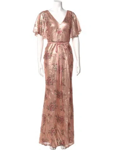 Pre-owned Marchesa Notte Floral Print Long Dress In Pink