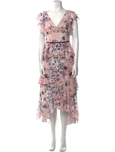 Pre-owned Marchesa Notte Floral Print Long Dress In Pink