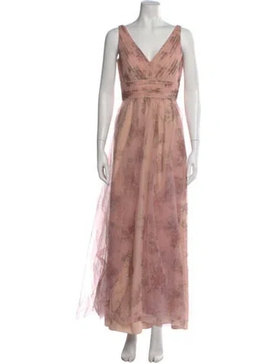 Pre-owned Marchesa Notte Floral Print Long Dress In Pink