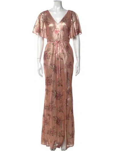 Pre-owned Marchesa Notte Floral Print Long Dress In Pink