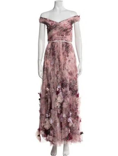 Pre-owned Marchesa Notte Floral Print Long Dress In Pink