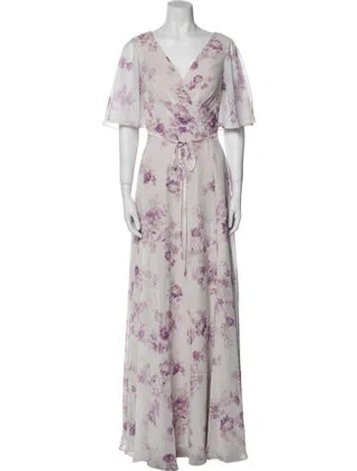 Pre-owned Marchesa Notte Floral Print Long Dress In Purple