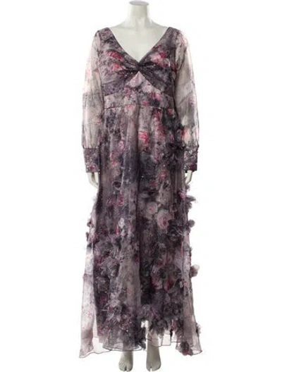 Pre-owned Marchesa Notte Floral Print Long Dress In Purple