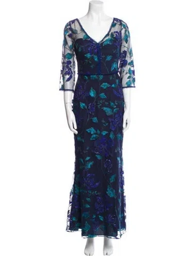 Pre-owned Marchesa Notte Floral Print Long Dress In Purple