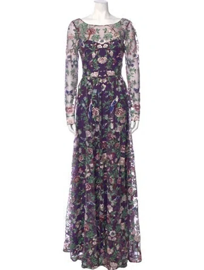 Pre-owned Marchesa Notte Floral Print Long Dress In Purple