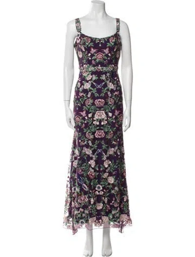 Pre-owned Marchesa Notte Floral Print Long Dress In Purple