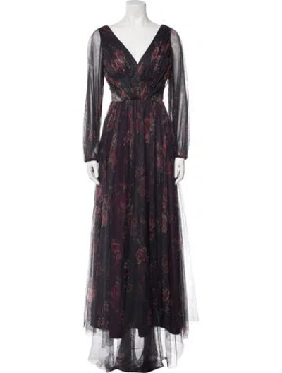 Pre-owned Marchesa Notte Floral Print Long Dress In Purple