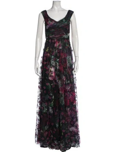 Pre-owned Marchesa Notte Floral Print Long Dress In Purple