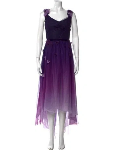 Pre-owned Marchesa Notte Floral Print Long Dress In Purple