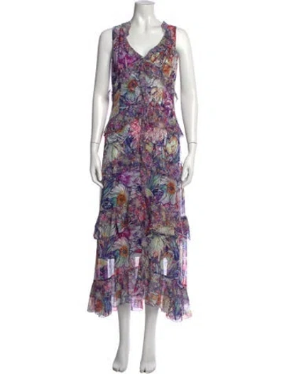 Pre-owned Marchesa Notte Floral Print Long Dress In Purple
