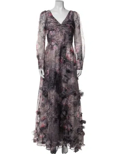 Pre-owned Marchesa Notte Floral Print Long Dress In Purple