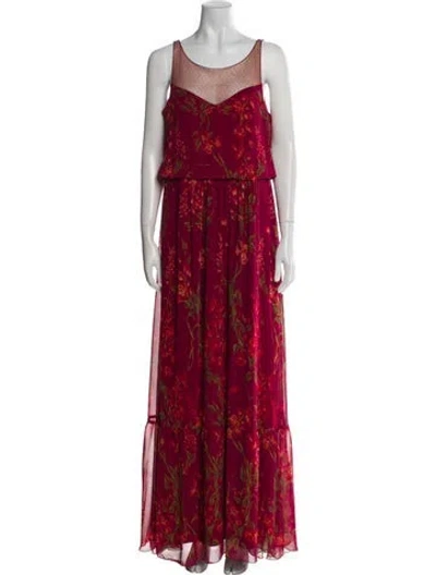 Pre-owned Marchesa Notte Floral Print Long Dress In Red