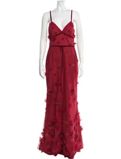 Pre-owned Marchesa Notte Floral Print Long Dress In Red